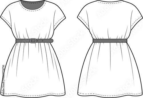 Short sleeve women dress with round neckline, gathered waist with belt, casual summer outfit, fashion flat sketch, garment technical drawing, vector template, cad drawing flat vector illustration