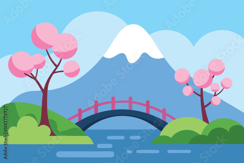 Picturesque landscape featuring a traditional bridge spanning a tranquil river, framed by cherry blossom trees and a majestic mountain backdrop