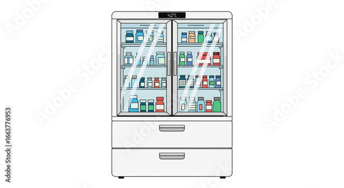 Medical refrigerator with medicines and pharmaceuticals maintaining a constant temperature for vaccines and temperature-sensitive drugs in a clinic or pharmacy