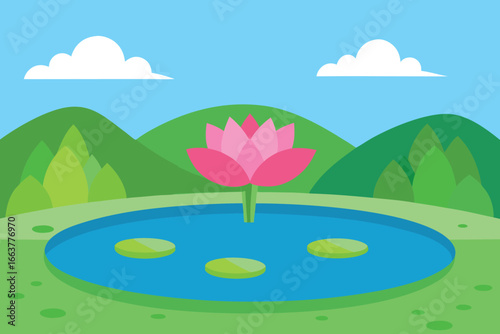 A serene lotus flower blooming in a tranquil pond, surrounded by lush greenery and a clear sky, creating a peaceful and harmonious scene