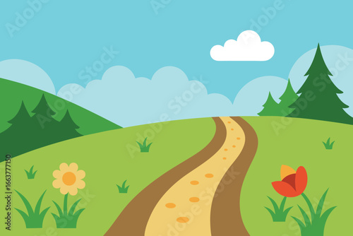 Cartoon landscape with rolling green hills, trees, a winding path, and fluffy clouds under a bright blue sky with flowers in the foreground