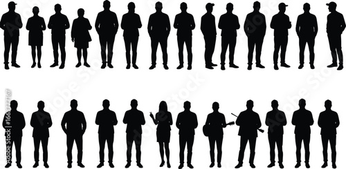 Silhouette collection of casual people and musicians, standing and posing, group vector illustration, black figures on white background for design