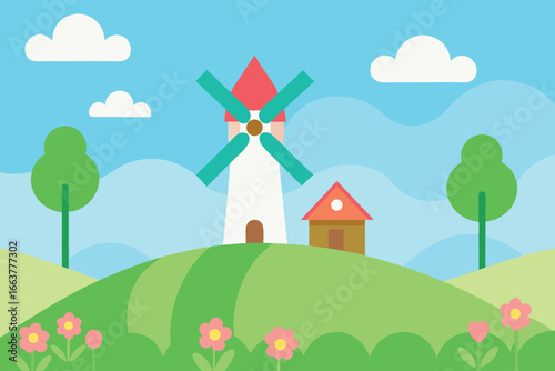 Cartoon landscape with a windmill, house, trees, flowers, and clouds on a hill under a blue sky, creating a serene and idyllic countryside scene