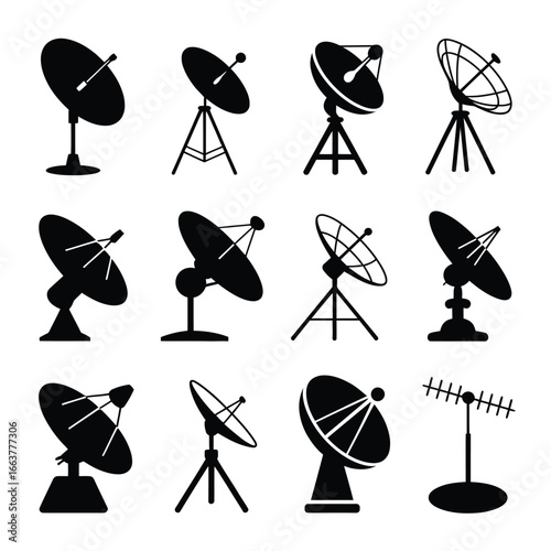 Collection of different satellite antenna dishes for communication and technology