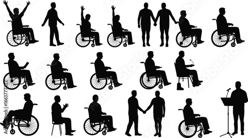 Silhouette collection of disabled people in wheelchair, medical rehabilitation, inclusive activity, communication, helping hand, independence, support, teamwork, equality