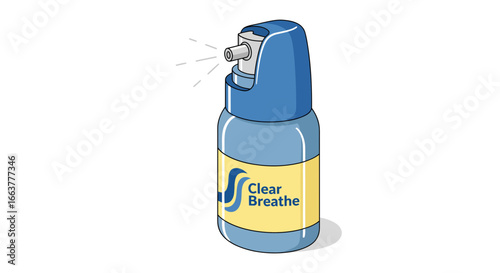 Vector illustration of a blue nasal spray bottle expelling mist for congestion relief and clear breathing, isolated