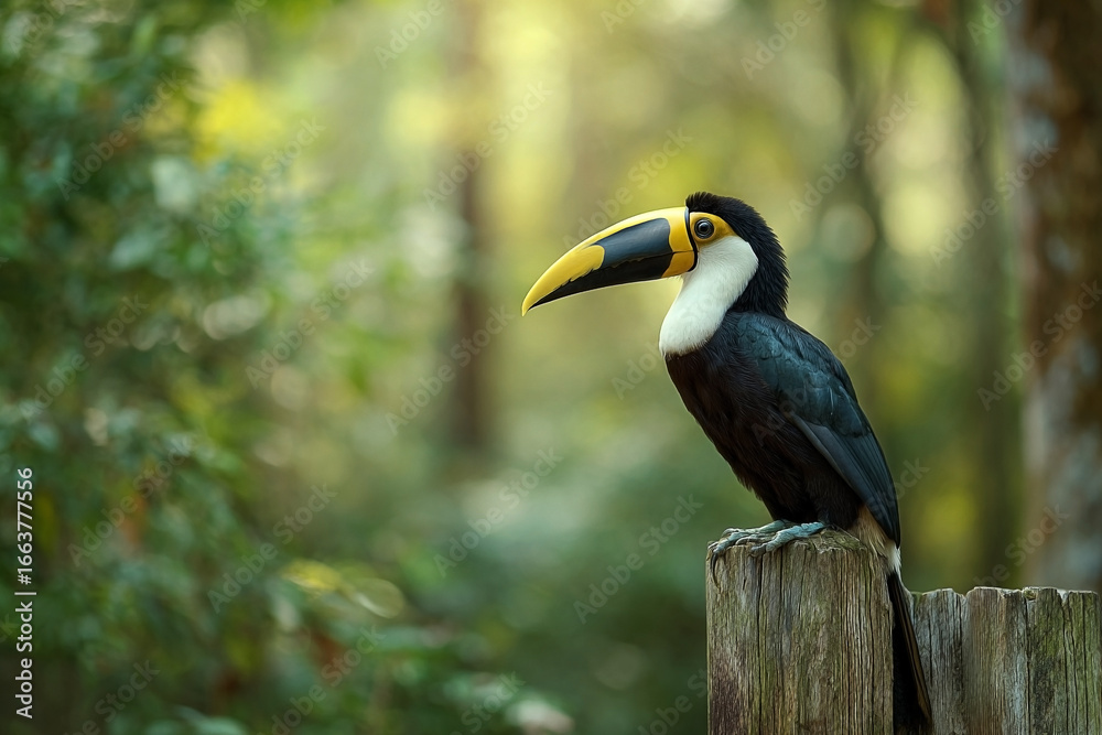 Fototapeta premium Magnificent toucan perched on a weathered wooden post in lush foliage