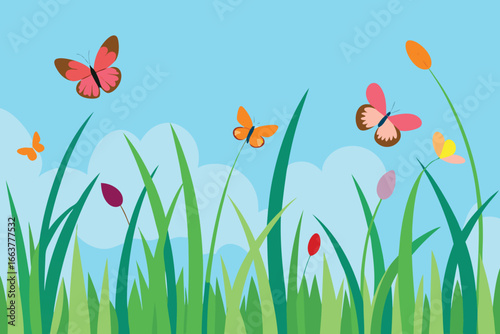 A serene meadow scene with tall green grass, colorful butterflies fluttering around, and a clear blue sky, evoking a sense of peace and natural beauty