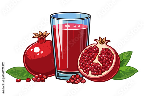 A glass of vibrant pomegranate juice alongside a halved fruit, Refreshing pomegranate juice with slices and seeds arranged beautifully around it, (Punica granatum)
