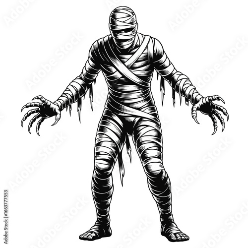 Illustration of a scary mummy with bandages and claws