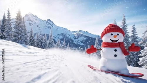 Happy Snowman Snowboarding Down a Snowy Slope in Winter Mountains Wearing Red Hat and Scarf