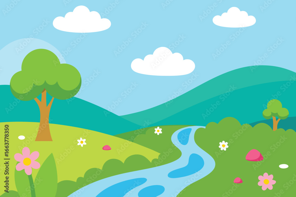 Fototapeta premium A serene cartoon landscape featuring a winding river, lush green hills, trees, and a blue sky with fluffy clouds, creating a peaceful nature scene