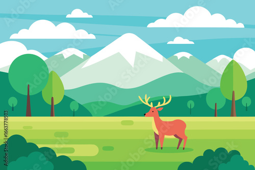A serene landscape illustration featuring a deer in a lush green field with mountains and trees under a partly cloudy sky, perfect for nature themes