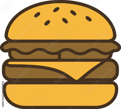 Cartoon Double Cheeseburger Illustration with Sesame Seed Bun.