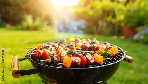 Grilled skewers on a backyard barbecue