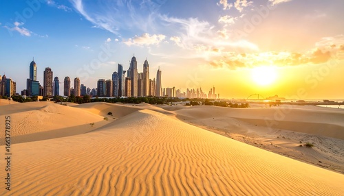 Dramatic Dubai Skyline at Sunrise with Desert Landscape and Golden Light