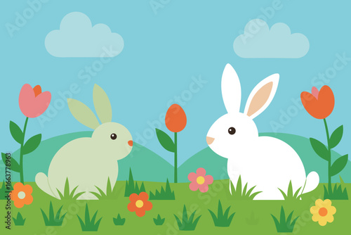 A delightful easter scene with adorable bunnies in a flowerfilled meadow under a sunny sky, perfect for holiday cards and spring greetings