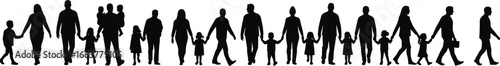Silhouette of diverse family members holding hands, walking together, parenting concept, unity and love, isolated on white background, vector