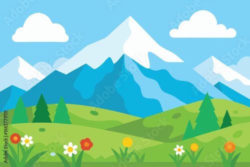 A serene mountain landscape with rolling green hills, vibrant flowers, and fluffy clouds against a bright blue sky, capturing the beauty of nature
