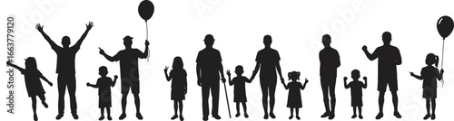 Silhouette of diverse family with children holding balloons, parents and grandparents together, unity, love, generational bond