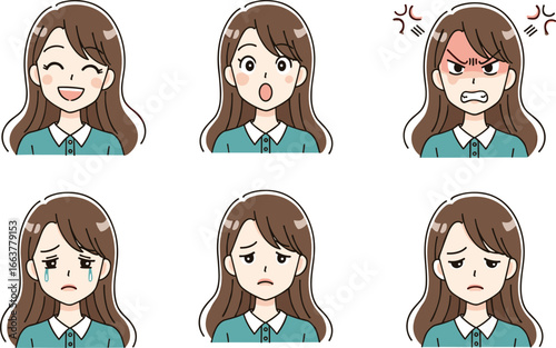 Cartoon Vector Illustration of Girl Showing Six Facial Expressions Including Joy, Surprise, Anger, Sadness, and Contemplation on White Background