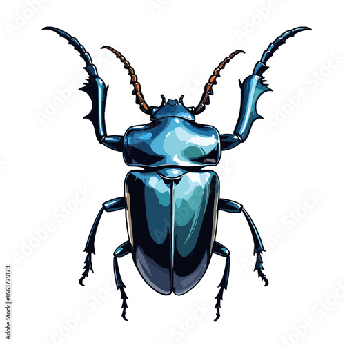 A detailed illustration showcasing a vibrant blue beetle with large, formidable mandibles, highlighting its metallic exoskeleton and intricate insect anatomy against a clean backdrop
