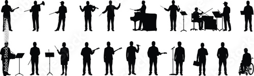Silhouette of diverse musicians and performers playing instruments, singing, conducting, including person in wheelchair, isolated on white background vector