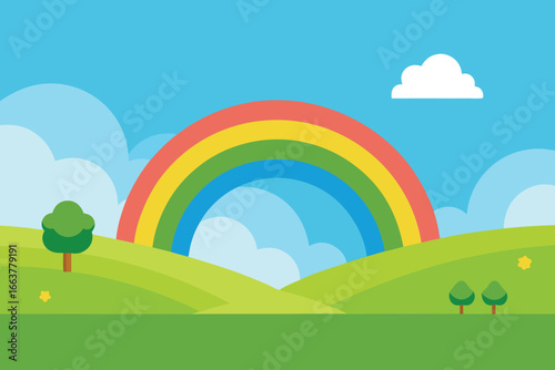 A vibrant rainbow arches across a lush green landscape with rolling hills and fluffy clouds, creating a cheerful and idyllic nature scene