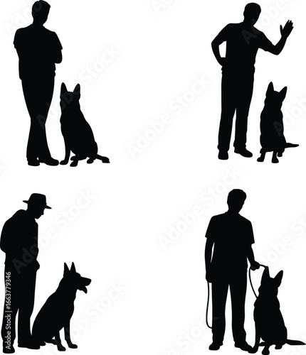 Dog Trainer Silhouettes with German Shepherds – Obedience Training and Leash Control Illustration