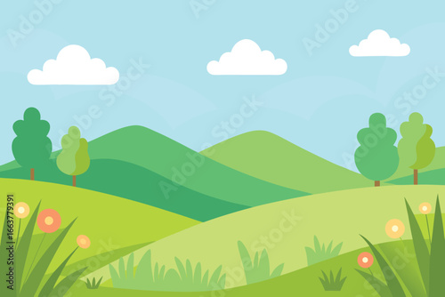 Cartoon landscape with green hills, trees, flowers, and a blue sky with clouds creating a peaceful and idyllic rural scene in summer