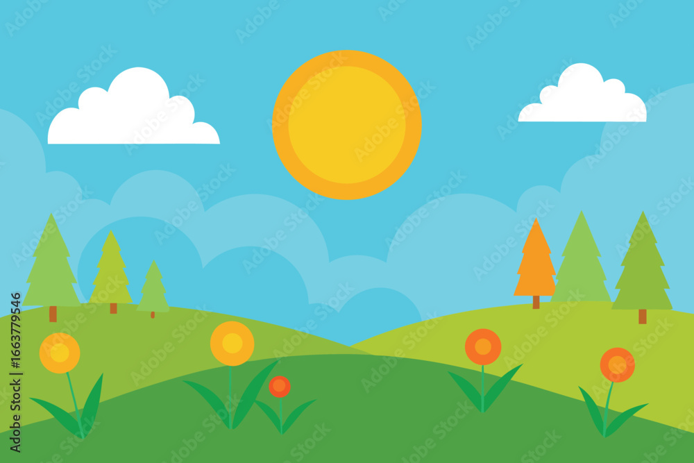 Fototapeta premium A vibrant spring landscape illustration featuring flowers, trees, and a bright sun over rolling green hills, under a partly cloudy blue sky, creating a cheerful scene