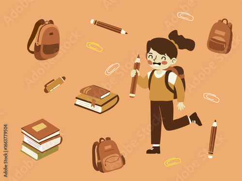 Smiling schoolgirl with backpack holding giant pencil and books illustration.