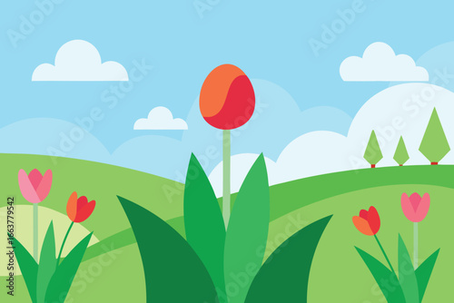 A colorful spring landscape illustration showcasing tulips in a field, with trees on distant hills, under a partly cloudy blue sky, creating a picturesque scene