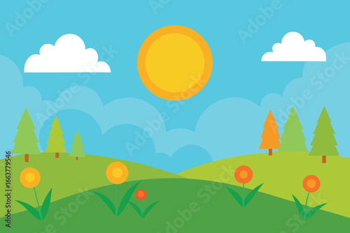 A vibrant spring landscape illustration featuring flowers, trees, and a bright sun over rolling green hills, under a partly cloudy blue sky, creating a cheerful scene