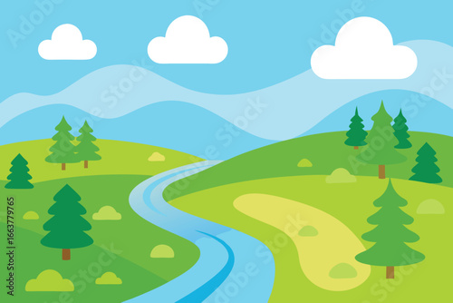A picturesque landscape featuring rolling green hills, a winding river, and towering trees under a bright sky, evoking a sense of tranquility