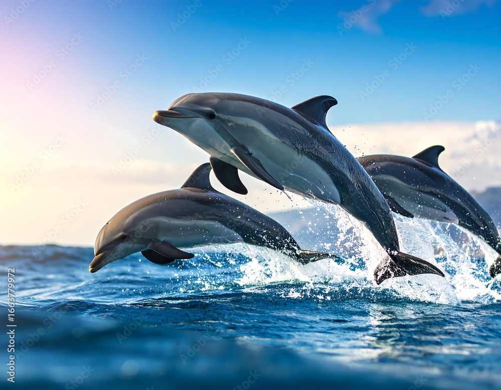 Fototapeta premium Dolphins leaping in ocean