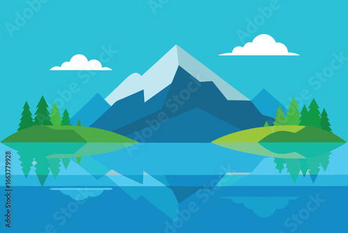 A serene mountain landscape reflecting in a calm lake, with islands of trees under a cloudy sky creating a tranquil and idyllic scene