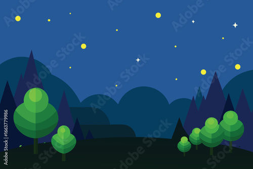 Night landscape with stars, trees, and dark sky for a peaceful and serene outdoor scene illustration in flat design style