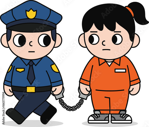 Cartoon Vector Illustration of Police Officer Escorting Handcuffed Prisoner in Orange Jumpsuit with Chain, Law Enforcement and Custody Concept Design