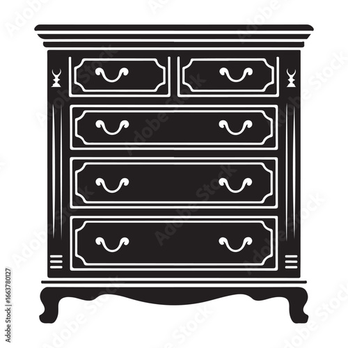 Black silhouette of a vintage dresser with ornate drawer pulls and curved legs chest of drawers furniture