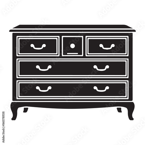 Black silhouette of a vintage dresser with ornate handles and curved legs chest of drawers furniture