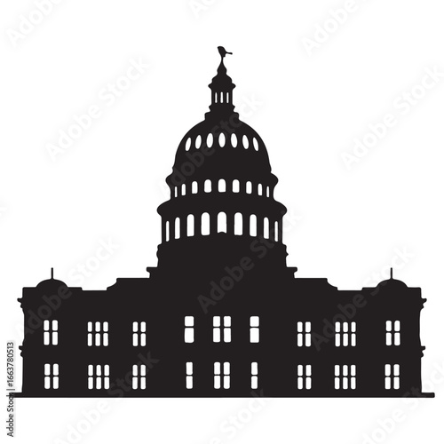 Black silhouette of a domed capitol building with windows and a bird on top government building black and white