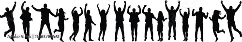 Silhouette of happy people jumping, celebrating success, energetic group expressing joy, motivation, excitement, teamwork, black isolated human figures
