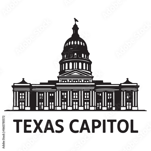 Black silhouette of Texas Capitol building with text below architecture landmark