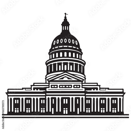 Black and white graphic illustration of a capitol building dome and facade government building architecture