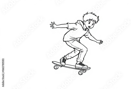 Happy boy skateboarding.