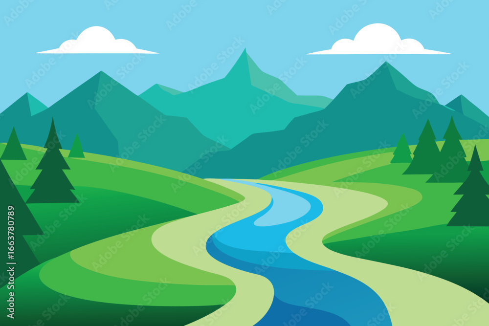 Fototapeta premium Scenic landscape illustration with a winding river flowing through green hills and mountains under a blue sky with fluffy clouds