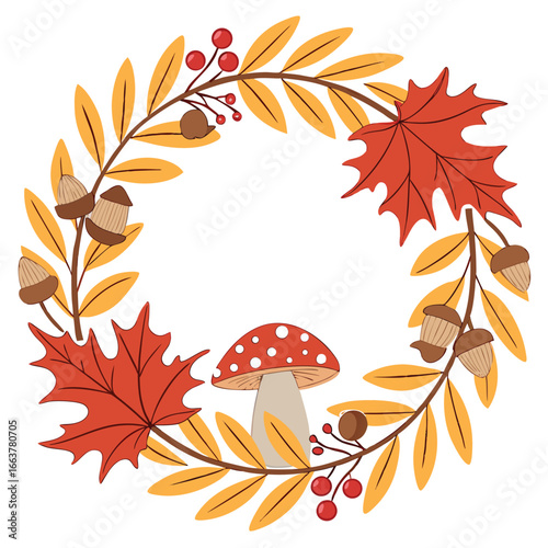 Autumnal wreath features falling maple leaves, acorns, berries, and a mushroom against a transparent background