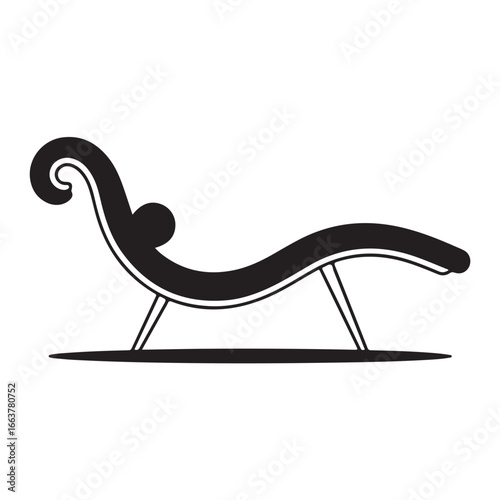 Black silhouette of a chaise lounge with ornate scrollwork and thin legs sofa couch