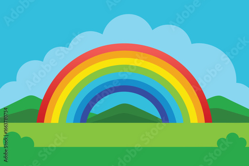 A vibrant rainbow arches over a lush green field, with rolling hills and fluffy clouds, creating a cheerful and idyllic countryside scene